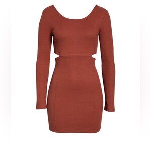 Open Edit Womens Rust Ribbed Cutout Long-Sleeve Mini Dress Size M
